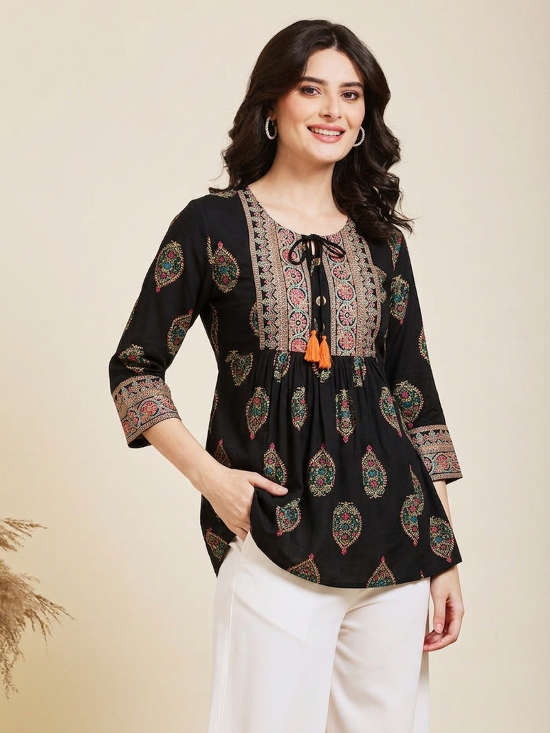 Pack of 1 handmade block printed rayon fabric designer tops & tunics