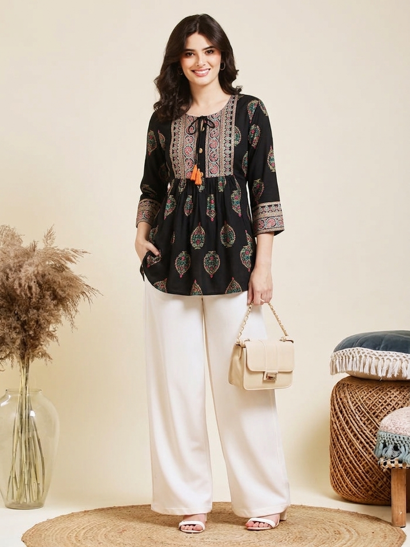 Pack of 1 handmade block printed rayon fabric designer tops & tunics