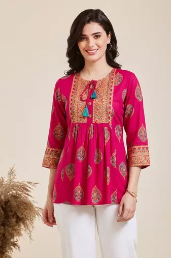 Pack of 1 handmade block printed rayon fabric designer tops & tunics