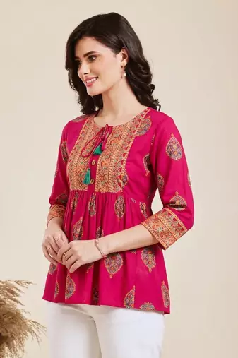 Pack of 1 handmade block printed rayon fabric designer tops & tunics