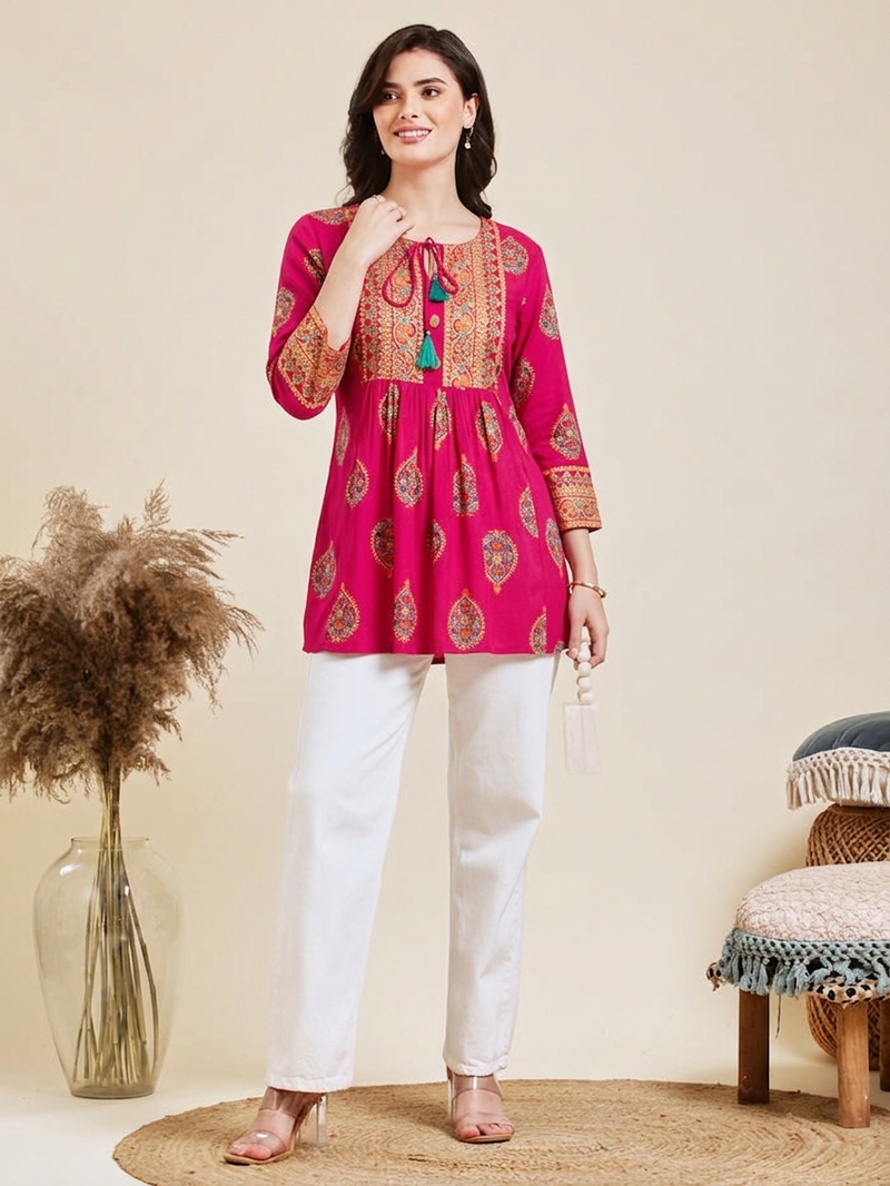 Pack of 1 handmade block printed rayon fabric designer tops & tunics