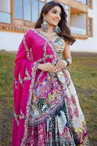 Printed Lehenga Choli in Heavy Muslin Cotton with Real Mirror Work
