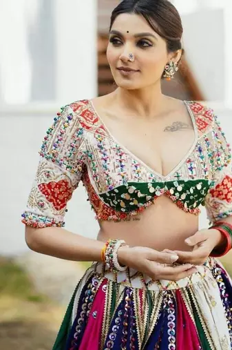 Navratri Printed Lehenga Choli in Heavy Muslin Cotton with Real Mirror Work