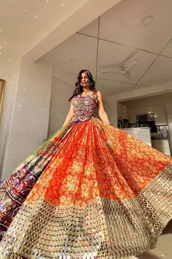 Navratri Printed Lehenga Choli in Heavy Muslin Cotton with Real Mirror Work