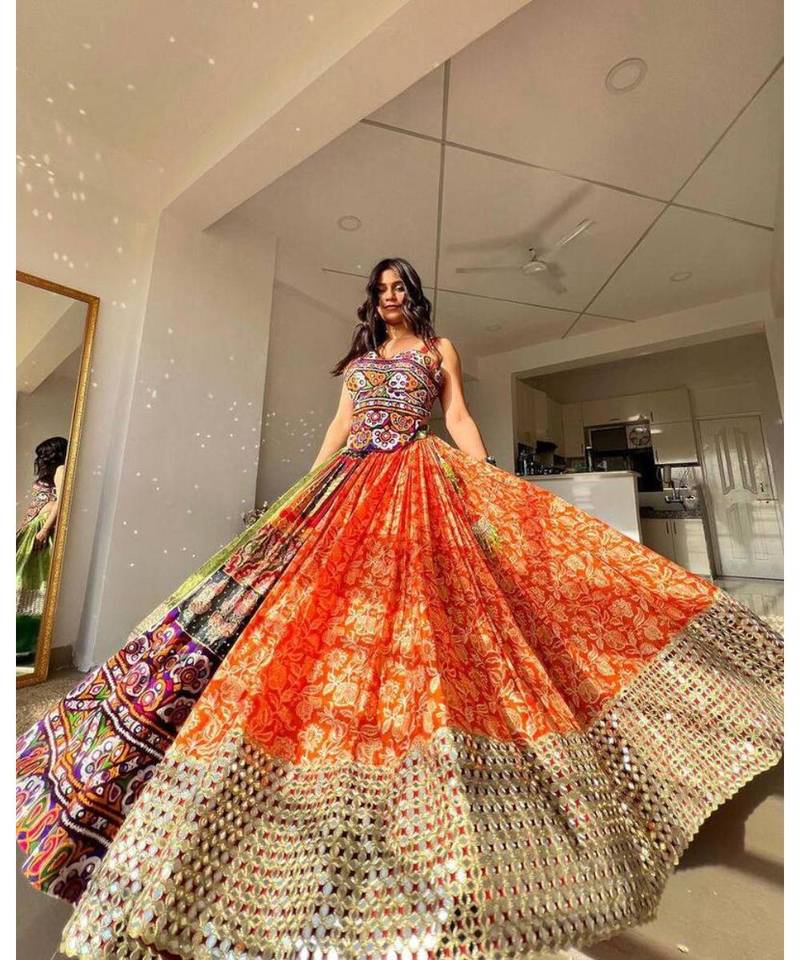 Navratri Printed Lehenga Choli in Heavy Muslin Cotton with Real Mirror Work