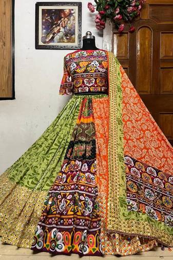 Navratri Printed Lehenga Choli in Heavy Muslin Cotton with Real Mirror Work