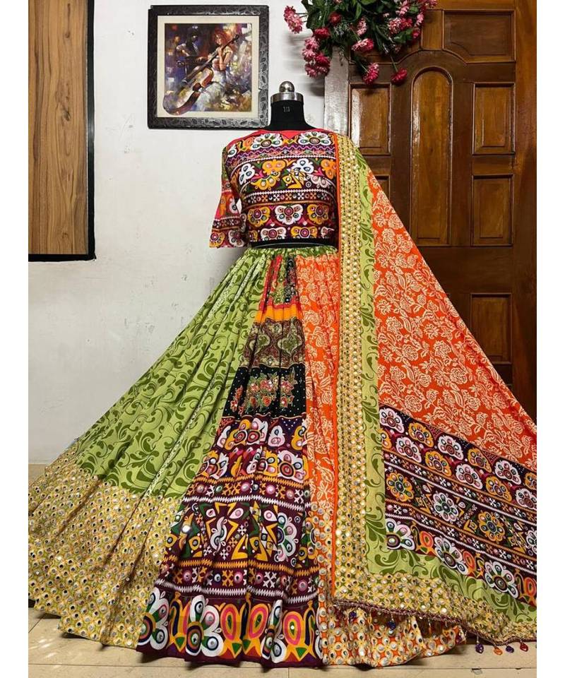Navratri Printed Lehenga Choli in Heavy Muslin Cotton with Real Mirror Work