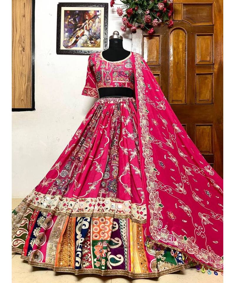 Navratri Printed Lehenga Choli in Heavy Muslin Cotton with Real Mirror Work