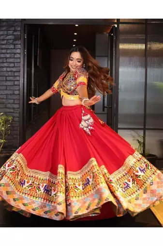 Navratri Printed Lehenga Choli in Heavy Muslin Cotton with Real Mirror Work