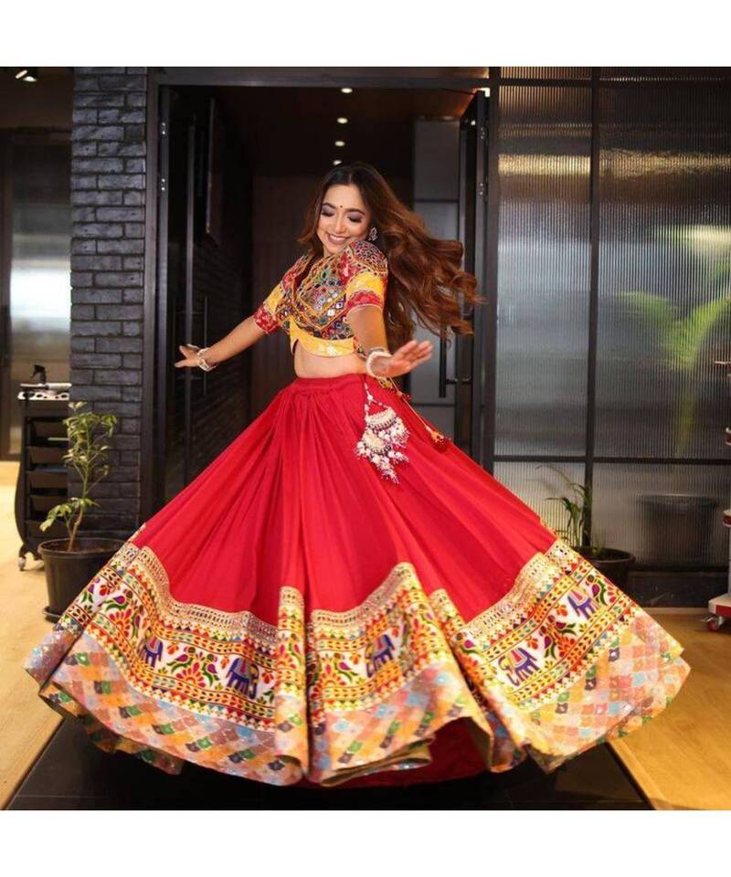 Navratri Printed Lehenga Choli in Heavy Muslin Cotton with Real Mirror Work