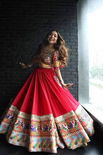 Navratri Printed Lehenga Choli in Heavy Muslin Cotton with Real Mirror Work