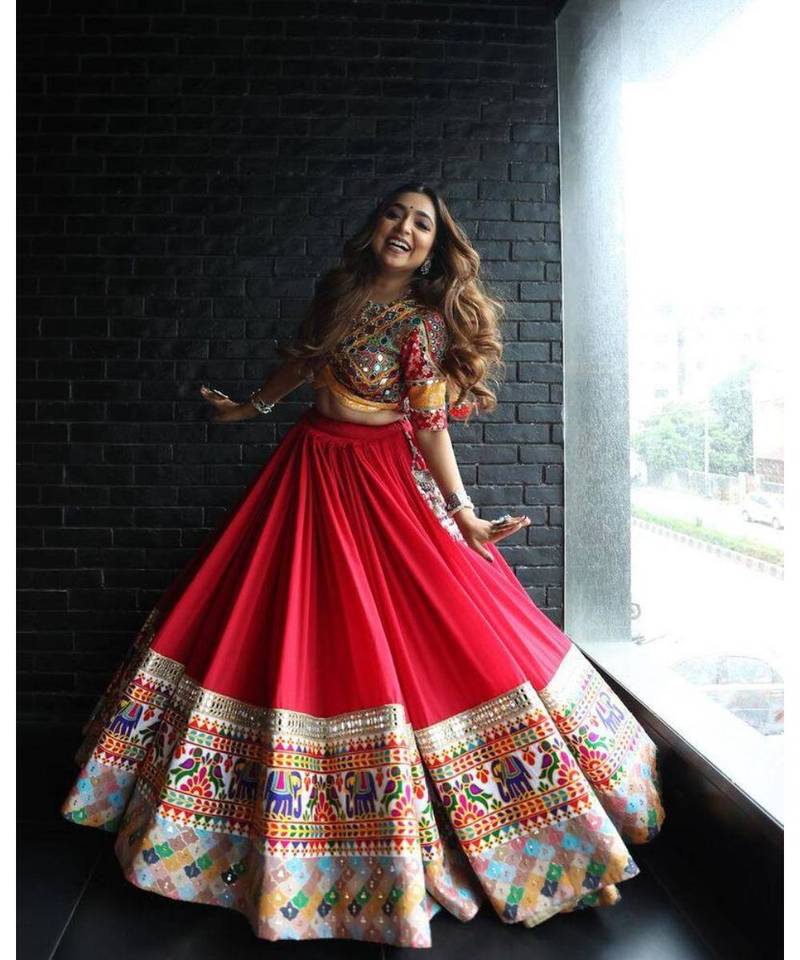 Navratri Printed Lehenga Choli in Heavy Muslin Cotton with Real Mirror Work