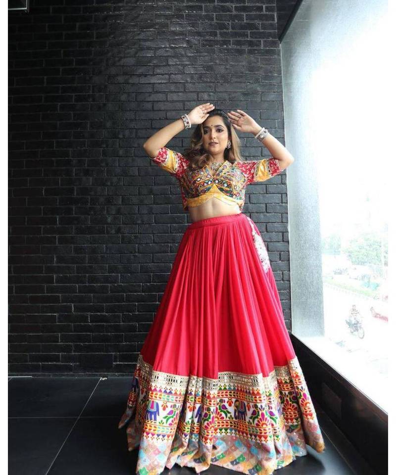 Navratri Printed Lehenga Choli in Heavy Muslin Cotton with Real Mirror Work