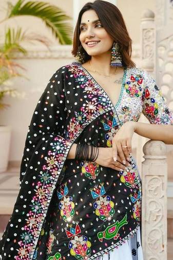 Navratri Printed Lehenga Choli in Heavy Muslin Cotton with Real Mirror Work