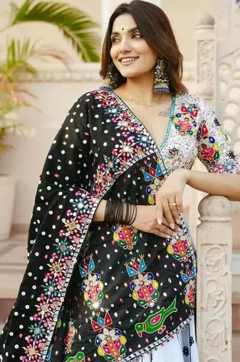 Navratri Printed Lehenga Choli in Heavy Muslin Cotton with Real Mirror Work