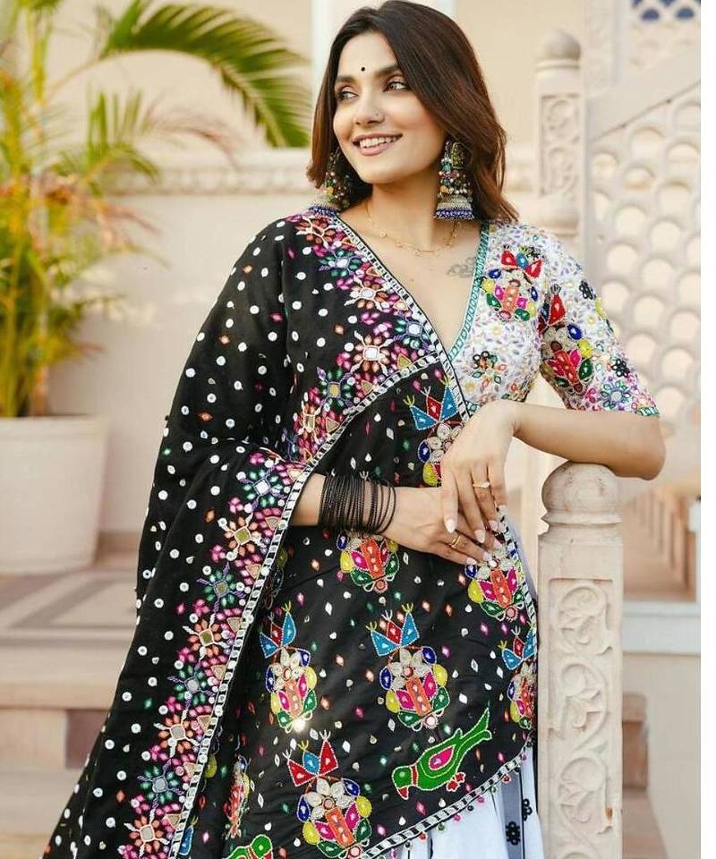 Navratri Printed Lehenga Choli in Heavy Muslin Cotton with Real Mirror Work