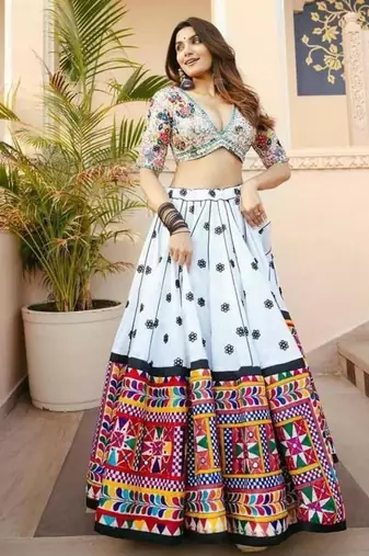Navratri Printed Lehenga Choli in Heavy Muslin Cotton with Real Mirror Work