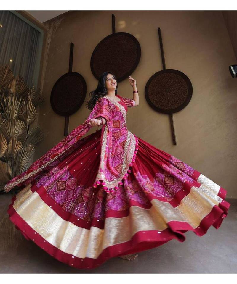 Navratri Printed Lehenga Choli in Heavy Muslin Cotton with Real Mirror Work