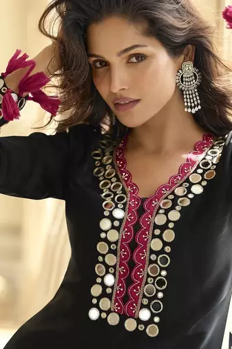 Black vichitra silk beutiful mirror work palazzo suit