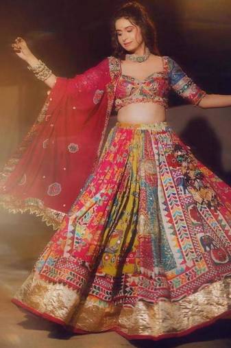 Navratri Printed Lehenga Choli in Heavy Muslin Cotton with Real Mirror Work