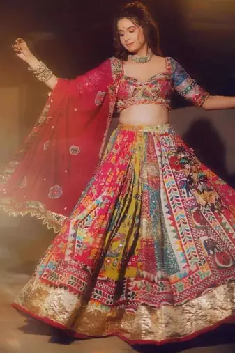 Navratri Printed Lehenga Choli in Heavy Muslin Cotton with Real Mirror Work