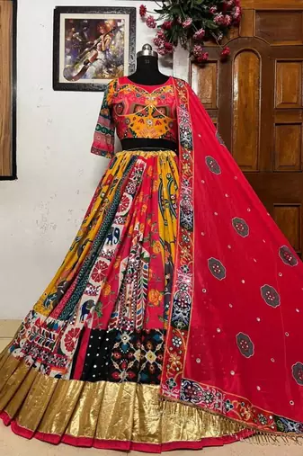 Navratri Printed Lehenga Choli in Heavy Muslin Cotton with Real Mirror Work