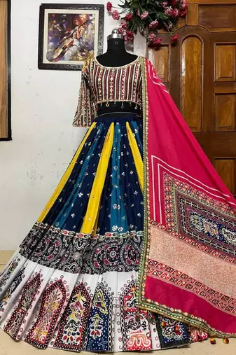 Navratri Printed Lehenga Choli in Heavy Muslin Cotton with Real Mirror Work