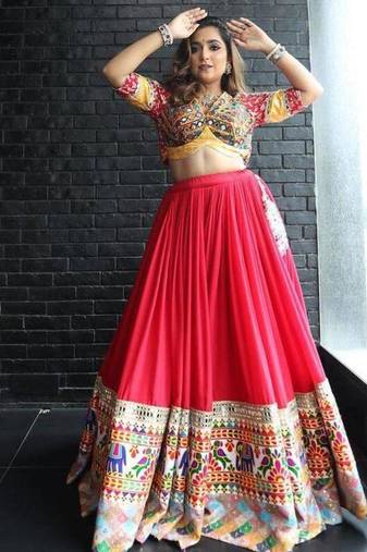 Navratri Printed Lehenga Choli in Heavy Muslin Cotton with Real Mirror Work