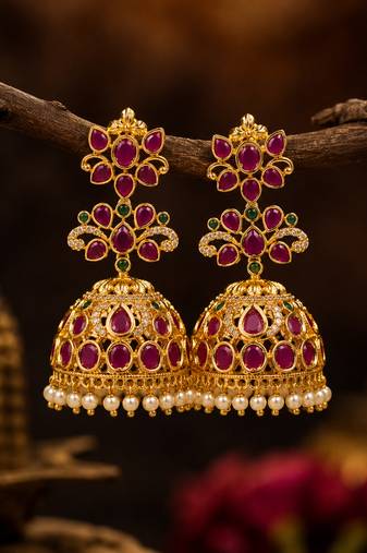 Gold plated ruby green stone jhumka earrings for women | wedding festive party wear