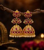 Gold plated ruby green stone jhumka earrings for women | wedding festive party wear