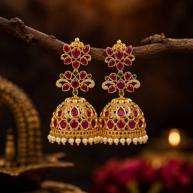 Gold plated ruby green stone jhumka earrings for women | wedding festive party wear