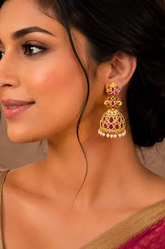 Gold plated ruby green stone jhumka earrings for women | wedding festive party wear