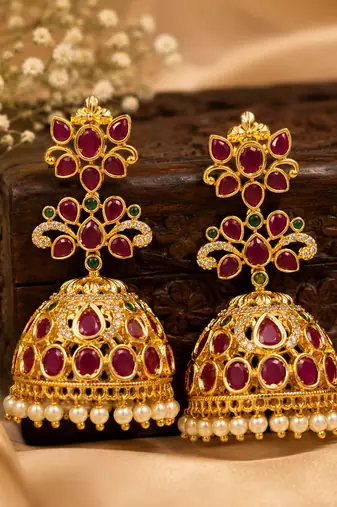 Gold plated ruby green stone jhumka earrings for women | wedding festive party wear