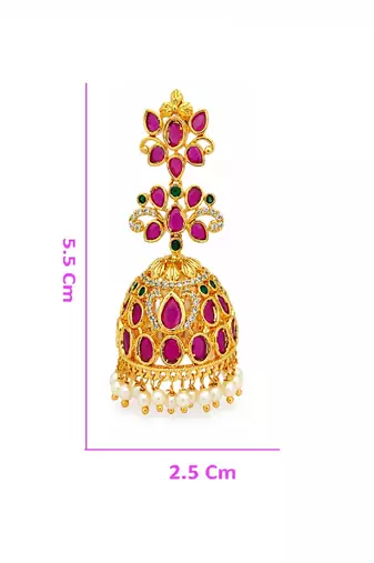 Gold plated ruby green stone jhumka earrings for women | wedding festive party wear