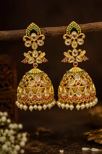 Traditional gold plated kundan jhumka earrings for women | ethnic bridal wedding party wear earrings