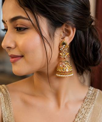 Traditional gold plated kundan jhumka earrings for women | ethnic bridal wedding party wear earrings 2