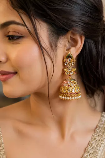 Traditional gold plated kundan jhumka earrings for women | ethnic bridal wedding party wear earrings