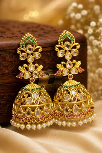 Traditional gold plated kundan jhumka earrings for women | ethnic bridal wedding party wear earrings