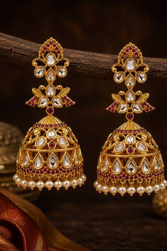 Gold plated kundan jhumka earrings for women | ethnic bridal wedding party wear earrings for women & girls