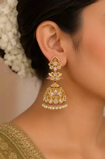 Gold plated kundan jhumka earrings for women | ethnic bridal wedding party wear earrings for women & girls