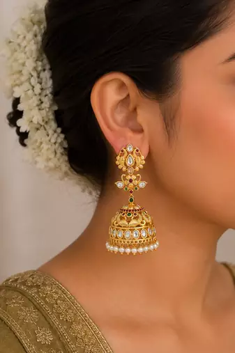 Gold plated temple jhumka earrings for women | ethnic bridal wedding party wear jewelry