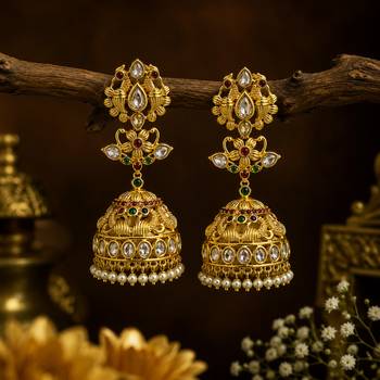 Gold plated temple jhumka earrings for women | ethnic bridal wedding party wear jewelry 1