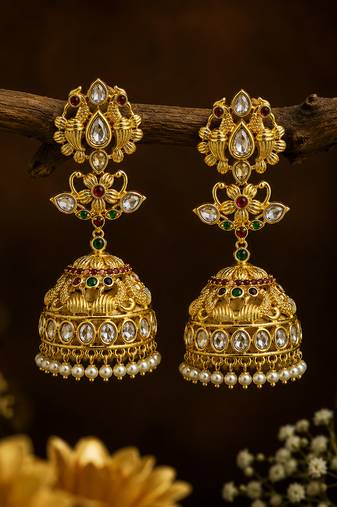Gold plated temple jhumka earrings for women | ethnic bridal wedding party wear jewelry
