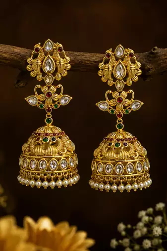 Gold plated temple jhumka earrings for women | ethnic bridal wedding party wear jewelry