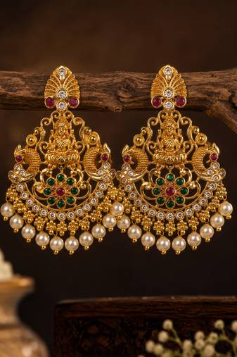 Gold plated lakshmi temple chandbali earrings for women | bridal wedding festive jewelry