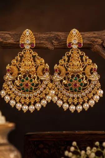 Gold plated lakshmi temple chandbali earrings for women | bridal wedding festive jewelry