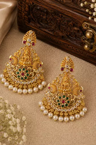Gold plated lakshmi temple chandbali earrings for women | bridal wedding festive jewelry