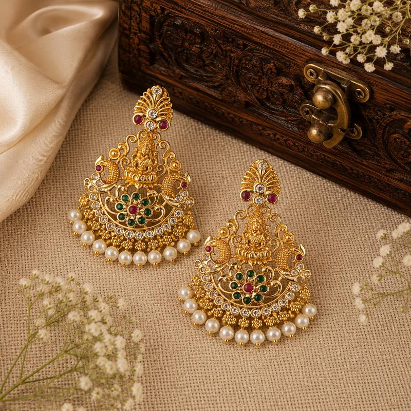 Gold plated lakshmi temple chandbali earrings for women | bridal wedding festive jewelry