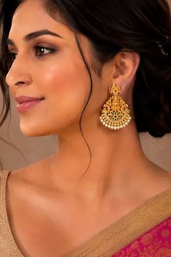 Gold plated lakshmi temple chandbali earrings for women | bridal wedding festive jewelry