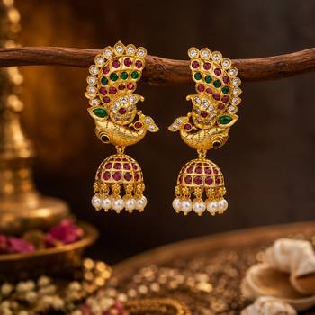 gold plated peacock jhumka earrings for women | bridal wedding festive wear 1